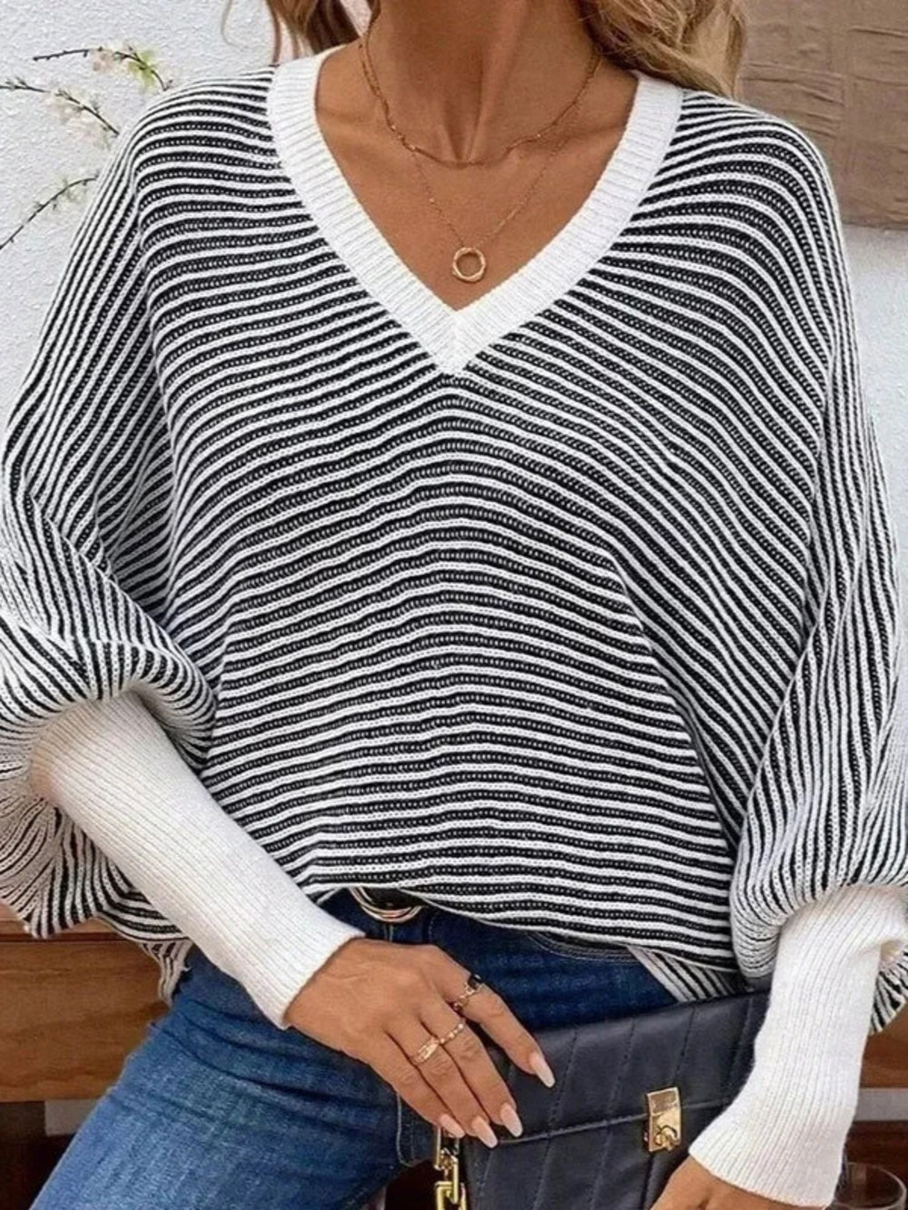 Fall Winter Womens Loose Striped Batwing Sleeve Patchwork Pullover Sweater